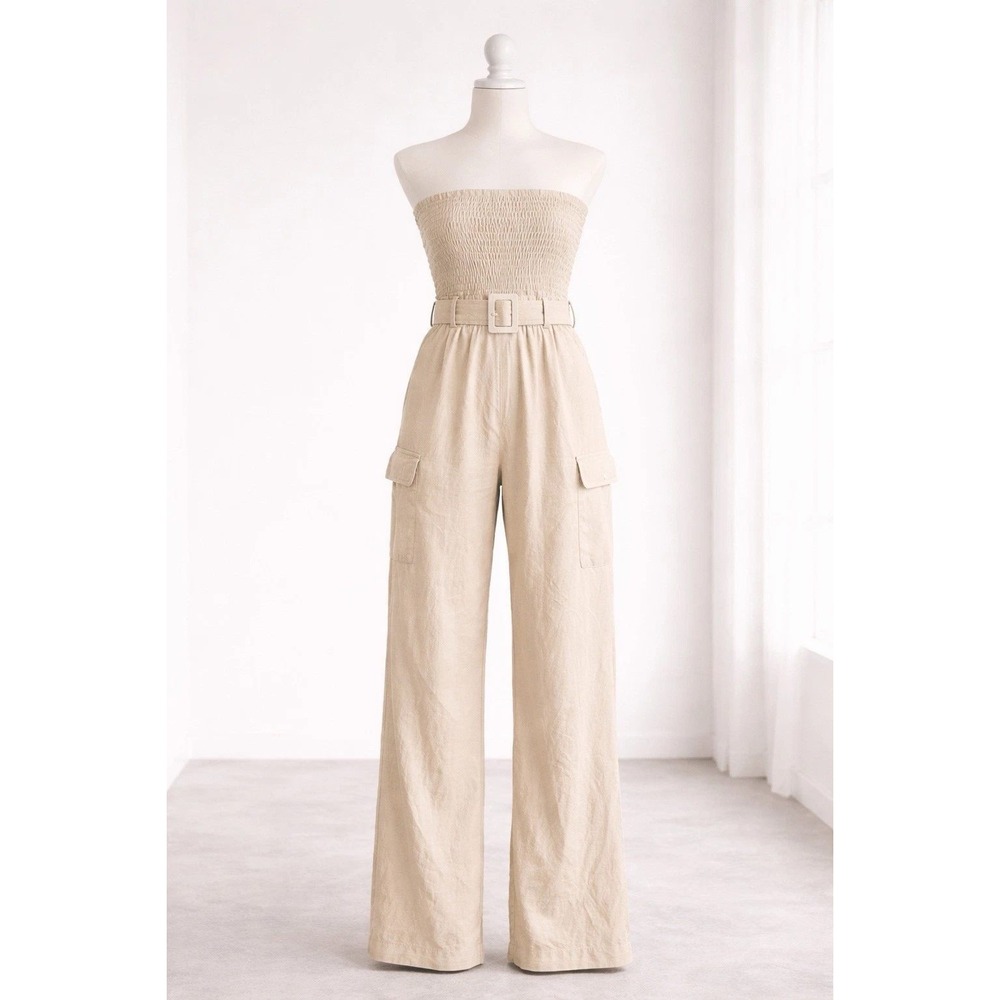 Sim & Sam Linen Strapless Cargo Jumpsuit Beige XS Wide Leg Belted Smocked Back